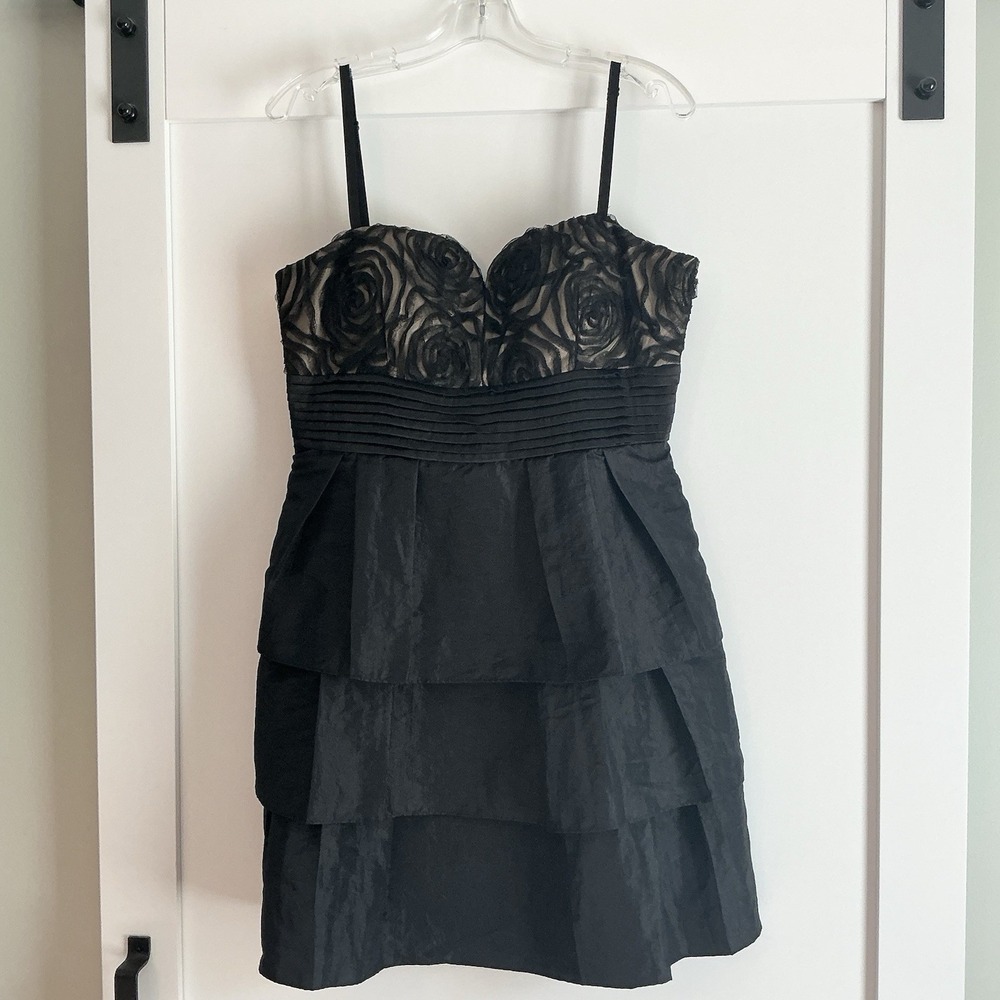S.L. Fashions Black Lace Over Gold Flare Tiered Dress Sz 14 Whimsigoth Y2K Party
